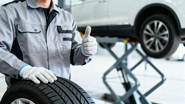Professional mechanic giving thumbs-up with new car tire in auto shop