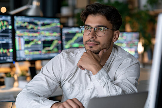 Young man ponders financial charts at his desk. He wears glasses and a white shirt. Multiple screens display stock market data. His hand rests on his chin, showing thoughtful focus