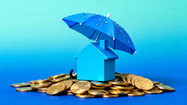 Blue umbrella protecting stack of gold coins with financial security concept
