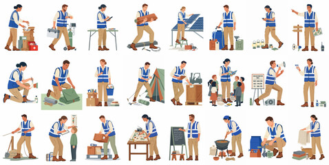 Fototapeta premium Comprehensive set of humanitarian aid worker illustrations performing various relief tasks like distributing supplies, providing medical care, and teaching children.