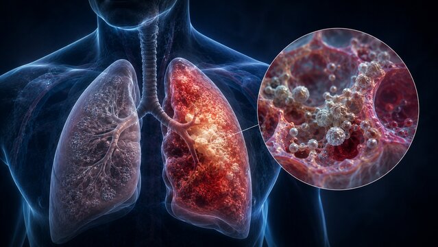 3D Medical Illustration of Lung Cancer with Microscopic View of Tumor Cells and Human Respiratory System Anatomy
