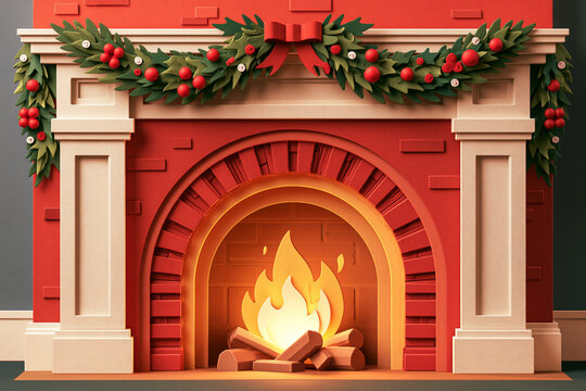 Cozy Christmas Fireplace with Festive Garland Illustration