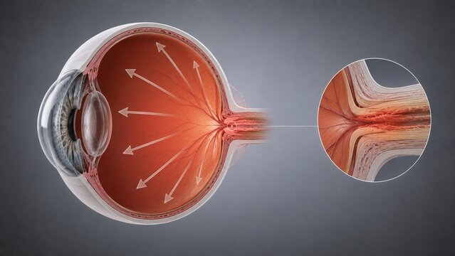 3D Medical Illustration of Human Eye Anatomy Showing Optic Nerve Detail and Intraocular Pressure Glaucoma Diagram