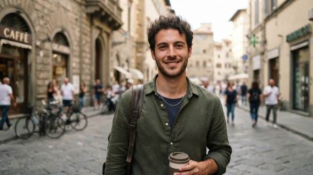Man holding coffee cup smiling on urban historic street