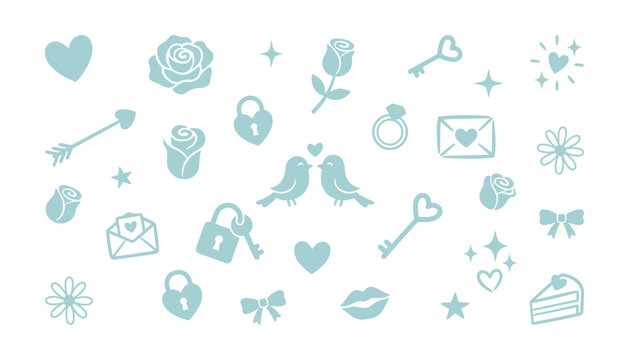 a collection of blue romantic icons featuring hearts roses birds keys and wedding elements