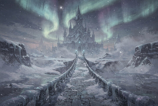 Epic Ice Castle Under Northern Lights in a Frozen Landscape