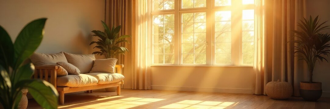 Sunlight streams through tall windows illuminating a bright, airy room during the day  Dust motes dance in the golden light, highlighting the peaceful atmosphere ,  stillness,  natural light