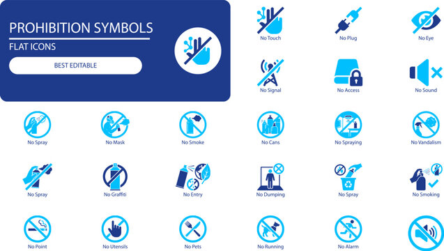 Prohibition symbols vector icon set. Solid flat glyphs of no entry, no smoking, no spray, no pets, no photography and more for safety and restriction design