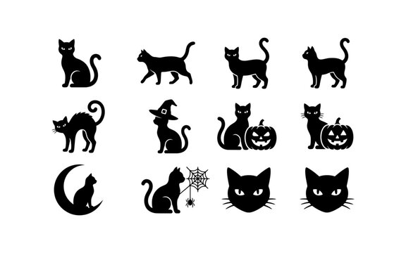 Set of black cat silhouettes for halloween design featuring various poses and spooky holiday elements on white background