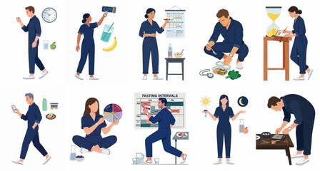 Fototapeta premium Set of flat vector illustrations depicting various people managing their health, nutrition, time, and daily routines for a balanced lifestyle.