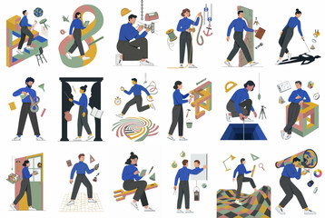 Fototapeta premium Set of diverse vector illustrations showing people engaged in conceptual activities like problem-solving, exploring, creative thinking, and overcoming various challenges.