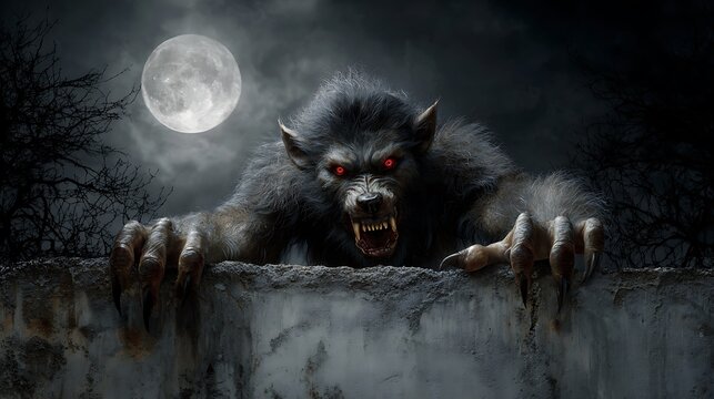 Werewolf Creature Under Full Moon At Night &ndash; Scary Gothic Horror Illustration For Halloween And Fantasy Concept