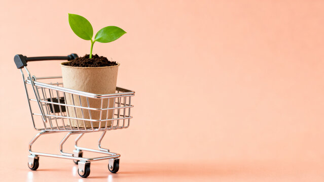 Minimalist shopping cart with potted plant symbolizing growth and sustainability