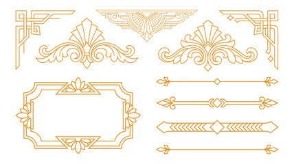 Fototapeta premium Art deco golden corner borders and elegant frames set for vintage invitation decorations.