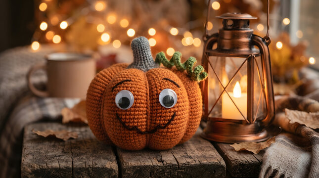Knitted pumpkin with stem sits beside lit lantern on rustic wooden