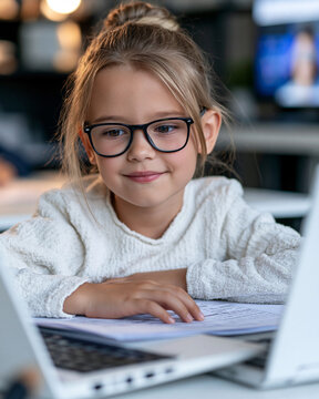 Child smiles warmly while studying at a desk. Glasses frame her thoughtful expression. Fingers rest gently on a notebook beside a laptop. Soft light highlights her focused, curious gaze