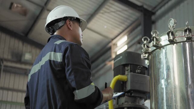 Electrical engineers are checking the maintenance systems of machinery in industrial plant. Professional engineering are taking note report data on equipment usage during work. Factory industry 