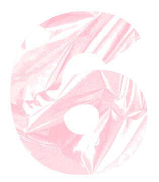Abstract Number 6 with Pink Plastic Texture, Crumpled Wrinkled Plastic Surface, Glossy Translucent Material, Modern Numeral Design, Creative Typography Element Isolated on Transparent Background
