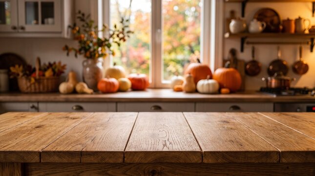 Wooden table surface with generous copy space, on autumn kitchen interior decorated with orange pumpkins, cozy fall atmosphere