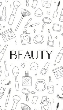 Beauty and makeup cosmetics hand drawn doodle line art pattern