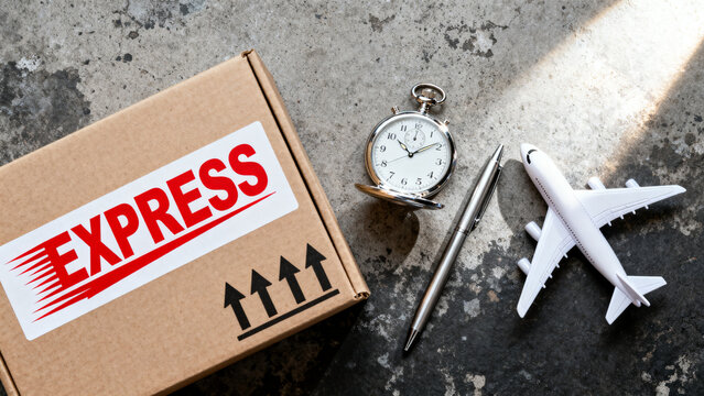 Express shipping box with airplane and clock symbolizing fast delivery service