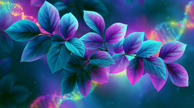 Botanical leaf branch with glowing purple and blue gradient colors for abstract digital art or science background design.