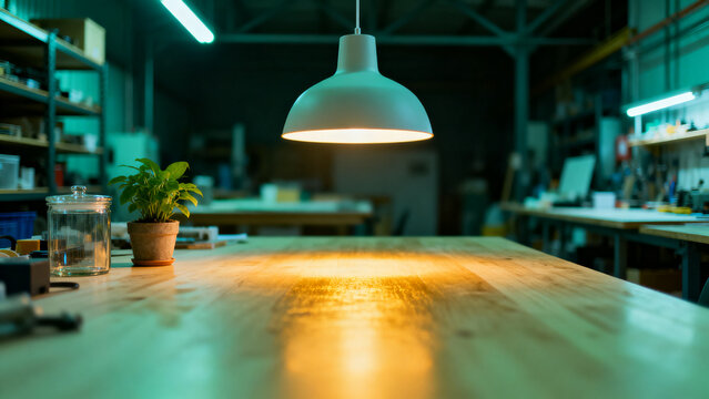 Modern industrial kitchen workspace with warm pendant lighting and minimalist decor