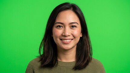 Fototapeta premium Portrait of a Smiling Young Asian Woman Looking at Camera on Green Screen Background for Compositing