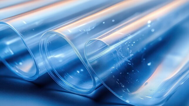 Rolled transparent plastic film sheets with glossy reflective surfaces, tiny bubbles and blue studio lighting conveying a sleek, calm, futuristic material texture