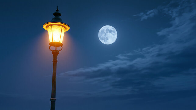 Classic street lamp shines warm light against dark blue night sky with full moon and wispy clouds for peaceful mood.