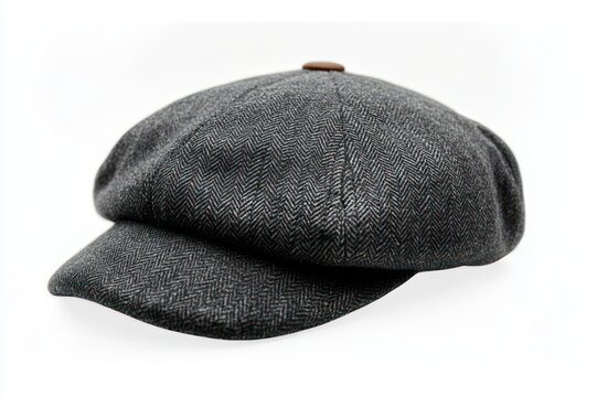 gray herringbone tweed newsboy cap with small top button on white background, classic vintage cozy mood