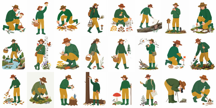 Comprehensive set of vector illustrations depicting people engaged in mushroom hunting and foraging activities in a stylized forest environment.