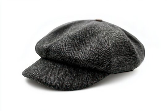 grey herringbone tweed flat cap with small top button and flat brim on white background, classic cozy accessory