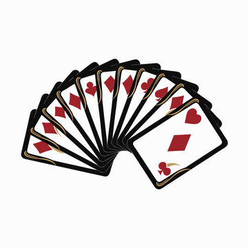 Playing cards fan with black borders and red suits. Casino gambling deck vector. Poker hand illustration for gaming.