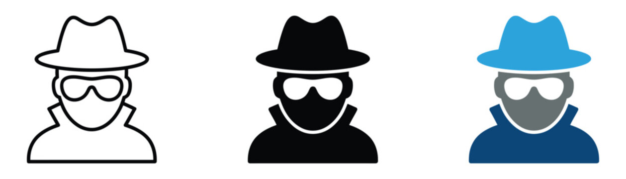 Incognito icon with anonymous person, hat and mask, representing privacy, identity protection, security, anonymity, and online browsing.