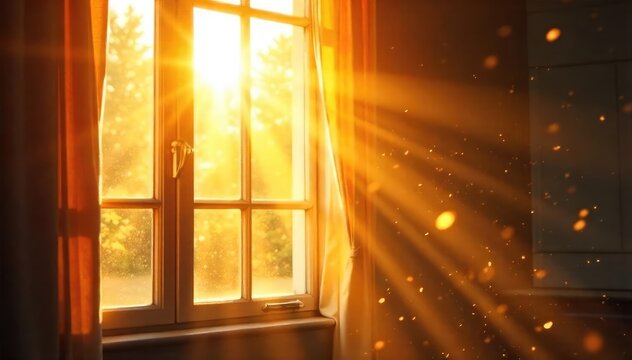 Warm sunlight streams through a bright windowpane, illuminating dust motes dancing in the golden rays Perfect for backgrounds, home decor, or peaceful imagery , joyful, shadow