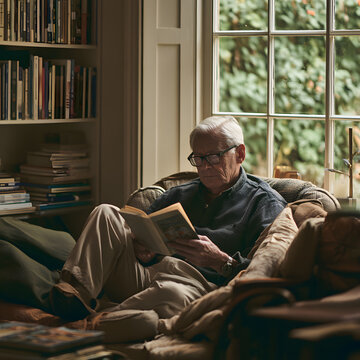 Elderly man reading a book in cozy living room with natural light