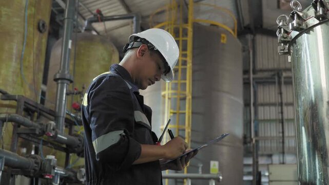 Electrical engineers are checking the maintenance systems of machinery in industrial plant. Professional engineering are taking note report data on equipment usage during work. Factory industry 