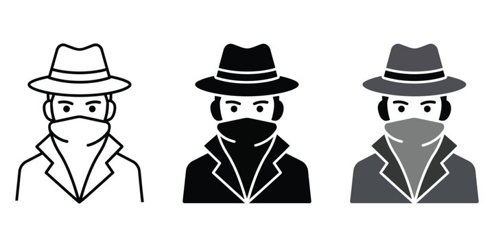 Spy agent and detective icon with anonymous man avatar, mafia figure, hacker silhouette, and unknown person symbol.