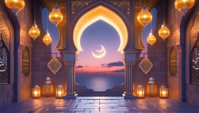 Ornate Islamic palace archway overlooking tranquil sunset sea with double crescent moons and hanging golden lanterns