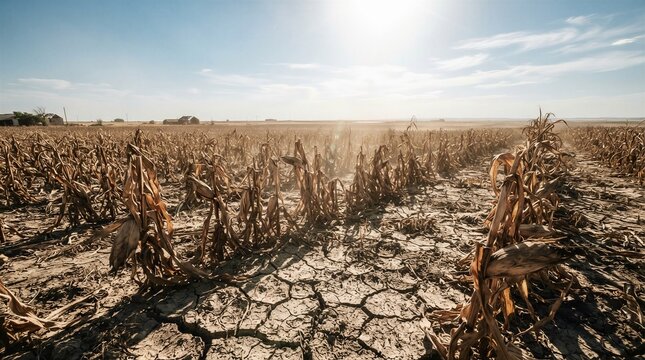 Dried corn stalks with cracked soil under midday sun