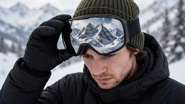 Skier adjusting goggles with mountain reflection