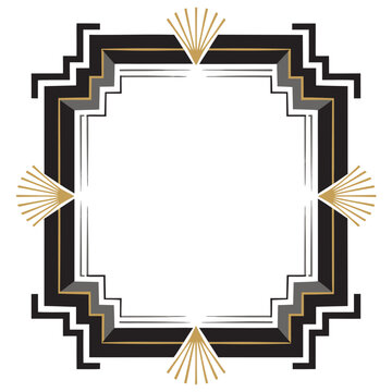 Art deco frame with geometric gold and black borders. Vintage 1920s style square border. Elegant decorative vector for luxury invitations.