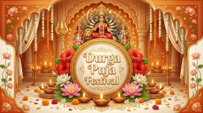 Durga puja festival background with goddess durga, floral decorations, and glowing diya lamps in a temple setting.