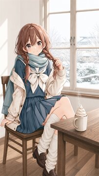Anime illustration of a smiling schoolgirl with braided brown hair and a scarf enjoying hot cocoa with whipped cream by a snowy winter window，雪の見える窓辺でホイップクリームをのせたホットココアを楽しむ三つ編みの制服少女 冬のアニメイラスト