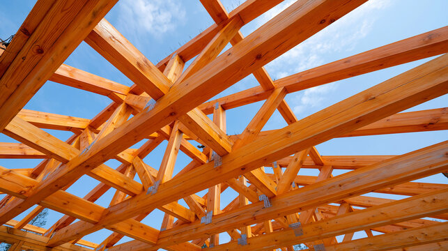Complex wood truss network connects heavy timber beams with metal plates for industrial ceiling architecture stability.