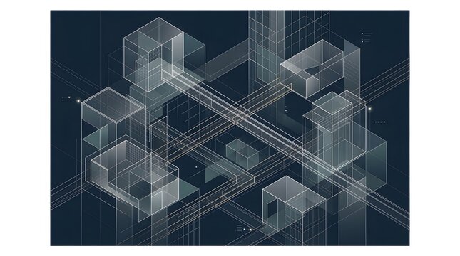 Abstract digital architecture blueprint with wireframe structures and connecting data lines.