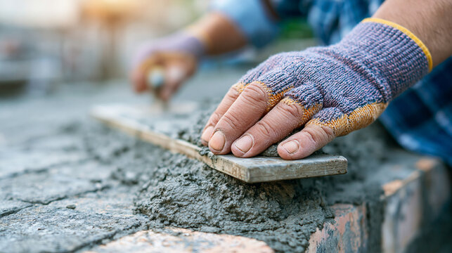 Construction worker applying wet cement mortar to brick wall using metal trowel for residential home renovation projects.