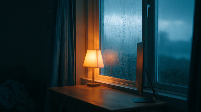 Cozy home office desk with lamp and computer by rainy window for remote work and evening study atmosphere on dark night.