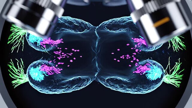 Cell Division Process Showing Mitosis and Replication Under Microscope View